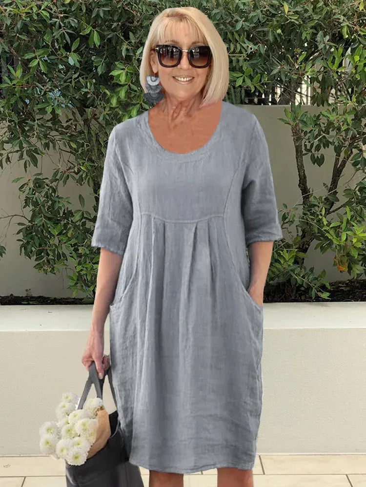 🔥2024 Hot Sale💃Solid Color Cotton Linen Pockets Tunic Midi Dress-2