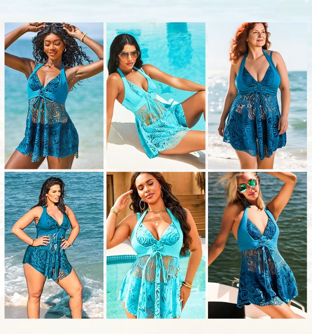 ✨Summer Hot Sale 🔥Women's V-Neck Lace Swimdress ＆ Boyshorts Two-Piece Set-3