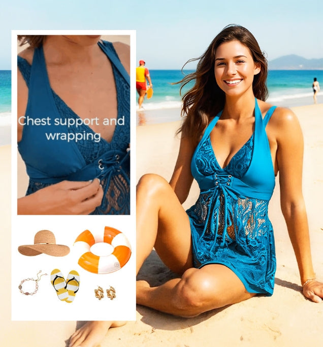 ✨Summer Hot Sale 🔥Women's V-Neck Lace Swimdress ＆ Boyshorts Two-Piece Set-2