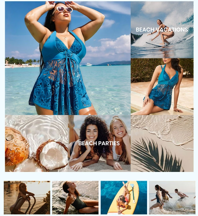 ✨Summer Hot Sale 🔥Women's V-Neck Lace Swimdress ＆ Boyshorts Two-Piece Set-1