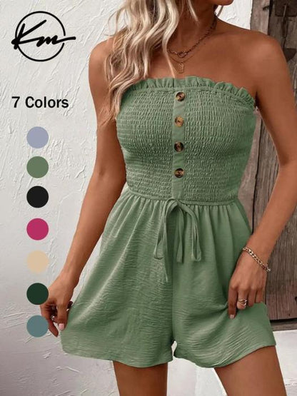 💜LAST DAY PROMOTION - 33%OFF💜Women's Strapless Frill Trim Shirred Tie Front Wide Leg Tube Romper🎈💃